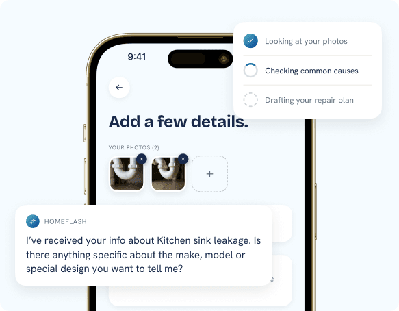 The HomeFlash app collecting photos and details about a kitchen sink leak