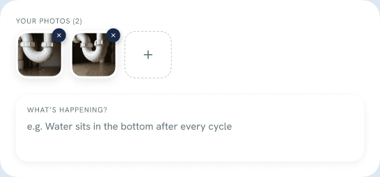 The app's photo intake, showing two captured photos and a description field