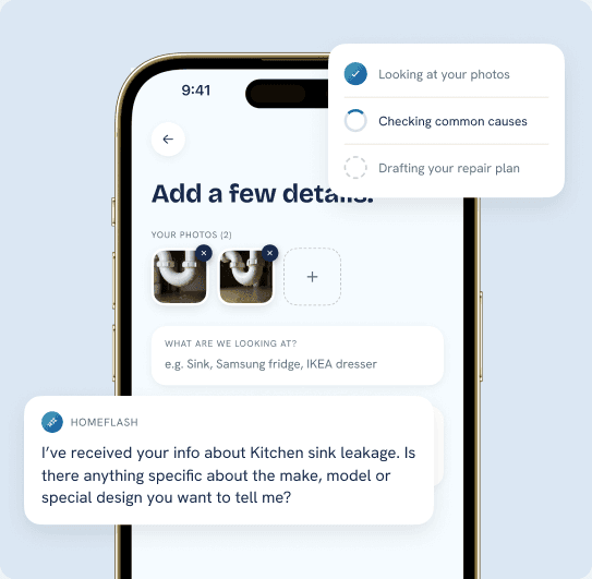 The HomeFlash app asking follow-up questions about a kitchen sink leak