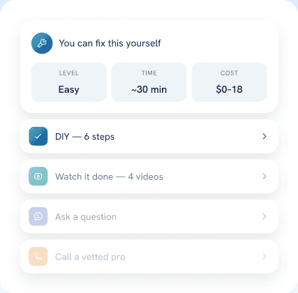 A HomeFlash diagnosis card showing difficulty, time and cost, with DIY steps, videos, and the option to call a vetted pro